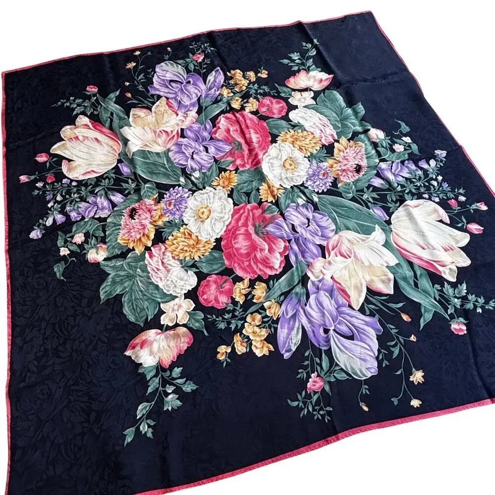 Vintage Ellen Tracy Silk brocade floral scarf blue pink green flowers square